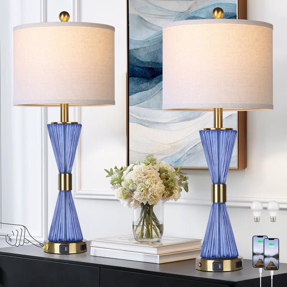 28" Set of 2 Blue Glass 3-Way Dimmable Table Lamps with USB A C & AC Ports, Energy-Saving LED Bulbs for Bedroom, Living Room & Office