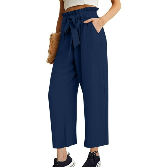 Vivianyn HD Women's Ruffled Paper Bag Waist Pants, Tie Front Wide Leg Trousers with Pockets,Navy,Size S-XXL