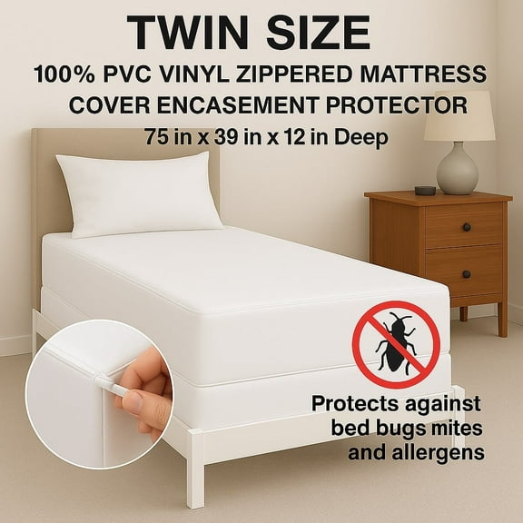 Twin Size Zippered Vinyl Mattress Cover, Heavy-Duty Waterproof Encasement, Fits Up to 12" Deep