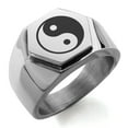 thumbnail image 1 of Stainless Steel Yin Yang Engraved Hexagon Crest Flat Top Biker Style Polished Ring, 1 of 1