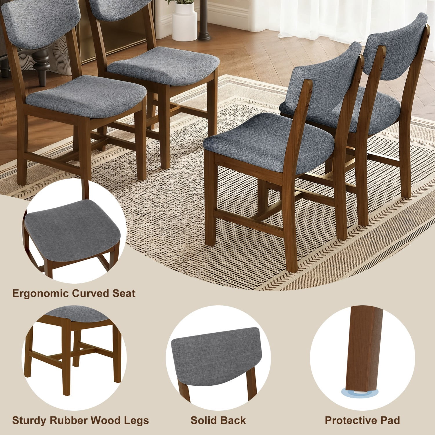 Rustic Farmhouse Dining Chairs Set of 4 Solid Wood Dining Chairs with Gray Fabric Upholstered Seat and Backrest Accent Chairs for Kitchen Dining Room Living Room, Walnut