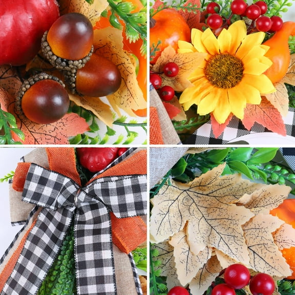 13.8" Autumn Sunflower Wreath for Front Door Décor Fall Farmhouse Buffalo Lattice Pumpkin and Wreaths Home Door, Halloween, Thanksgiving Decoration