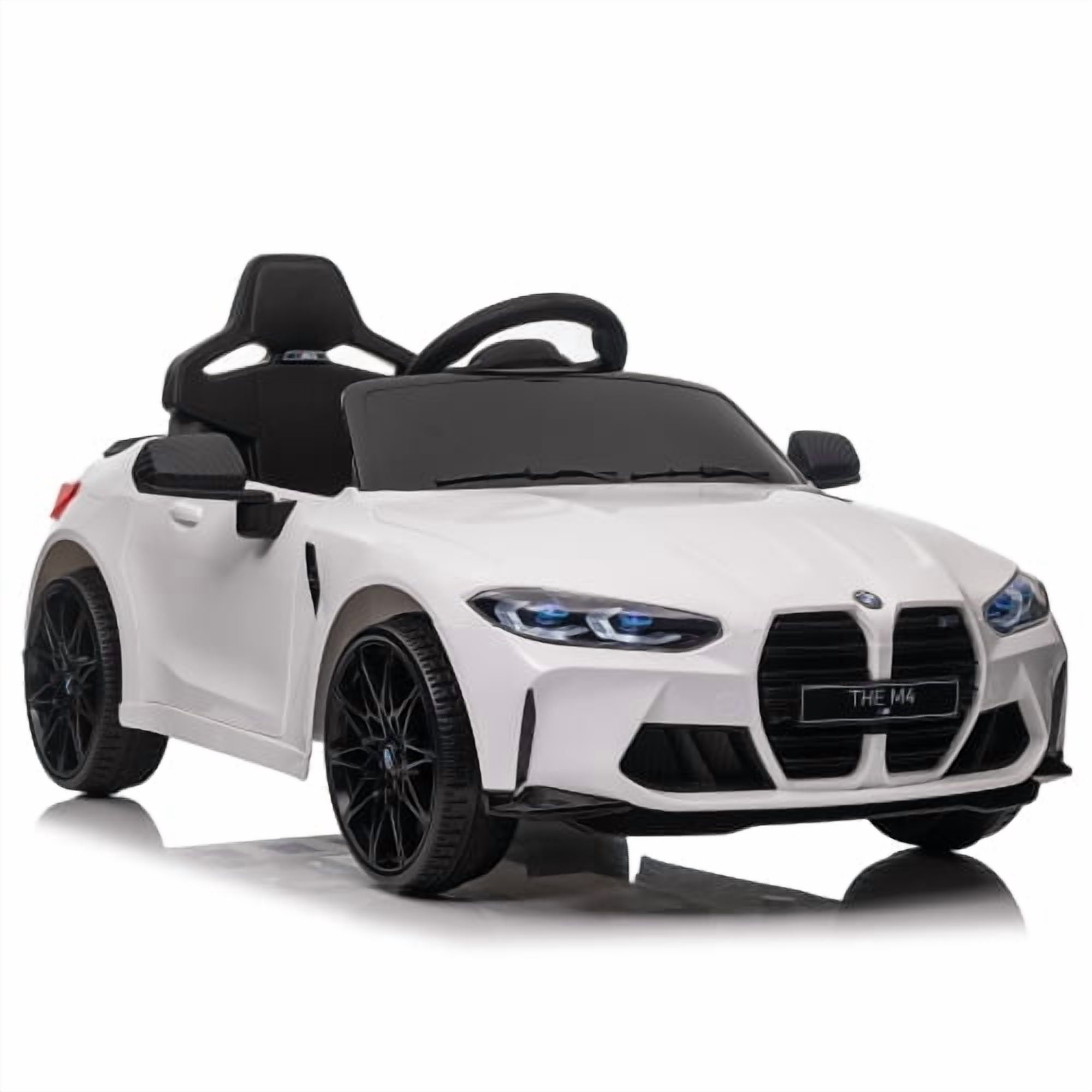 BMW M4 Kids Ride on Car Toy with Remote Control, 12V Powered Ride on Toys Cars W/Bluetooth/USB/MP3, Battery Display, LED, Handle with Wheels & Pull, Electric Car for Boy Girl, White