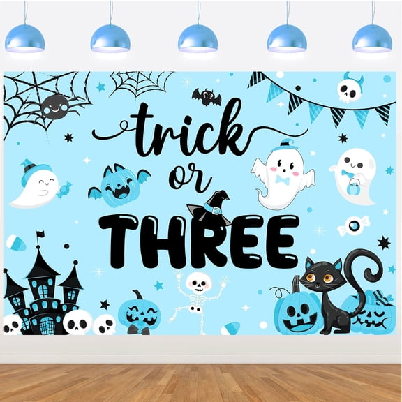 Halloween 3-Year-Old Theme Trick Or Three Blue Background Cloth Vinyl 5x3ft Party Photo Backdrop Kids Birthday Celebration Indoor Outdoor Decoration