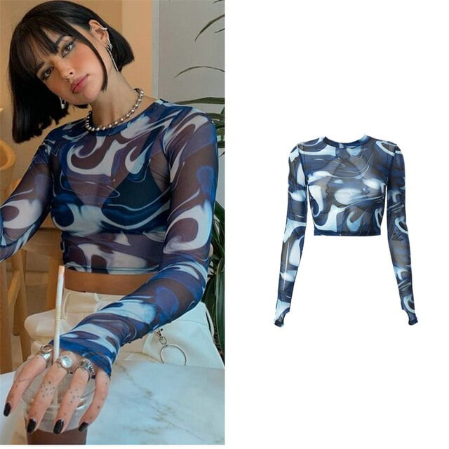 YCNYCHCHY Sexy Mall Goth Print Crop Tshirts Women Mesh Long Sleeve