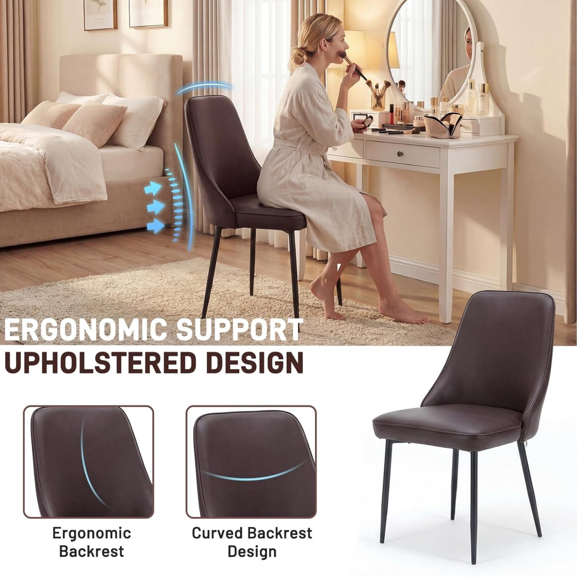 Sailvan Modern Dining Chairs Set of 4,Faux Leather Upholstered Kitchen Chairs with Ergonomic Curved Back and Metal Legs,Waterproof Side Chairs for Dining Room Brown