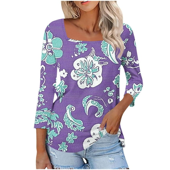 Women's 3/4 Sleeve Tops Floral Printed Square Neck Tee Shirt Plus Size Casual Trendy Tunic Tshirts S-5X (XL, Purple)