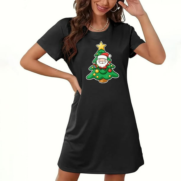 Camisón corto navideño para mujer, talla grande, cuello redondo, manga corta, estampado en el pecho, vestido de noche para mujer