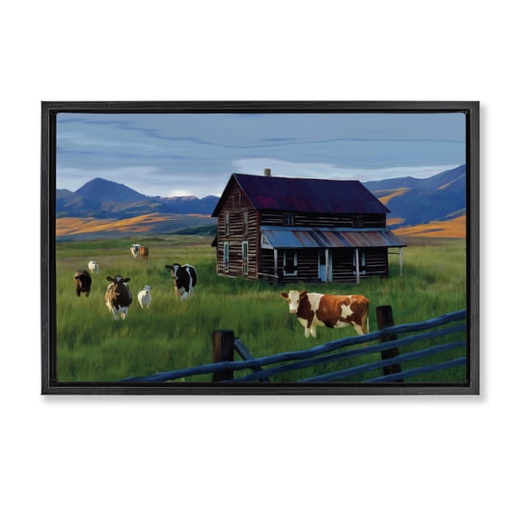 Stupell Industries Grazing Cattle at Solitary Cabin Black Framed Floater Canvas Wall Art, design by Renel Peters