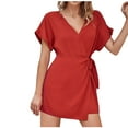 thumbnail image 2 of Summer Saving Wycnly Jumpsuits for Women Dressy Casual Solid Tie Waist Tshirt Short Jumpsuist Overalls Summer V-Neck Short Sleeve Plain Mini Trendy Rompers Red xl, 2 of 7