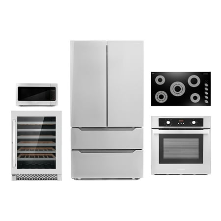 Cosmo 5 Piece Kitchen Appliance Package With 36  Electric Cooktop 30  Under Cabinet Range Hood 24  Single Electric Wall Oven 24.4  Countertop Microwave &amp; French Door Refrigerator