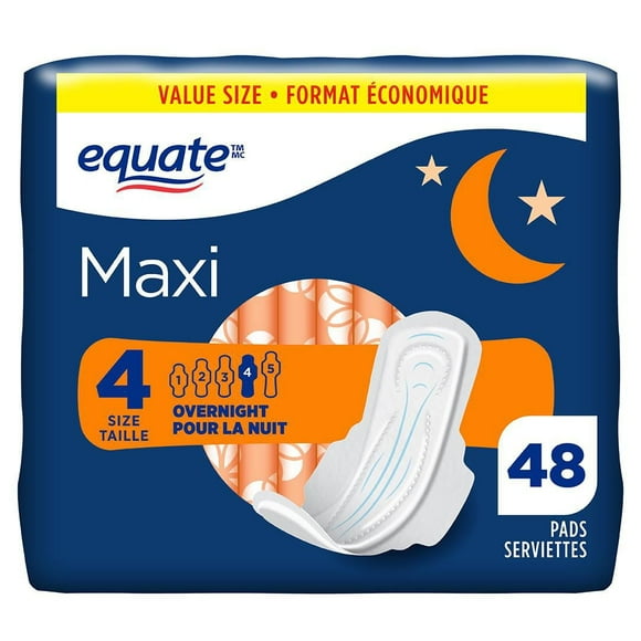 Equate Overnight Heavy Flow Maxi Pads with Flexi-Wings®, 48 count pack
