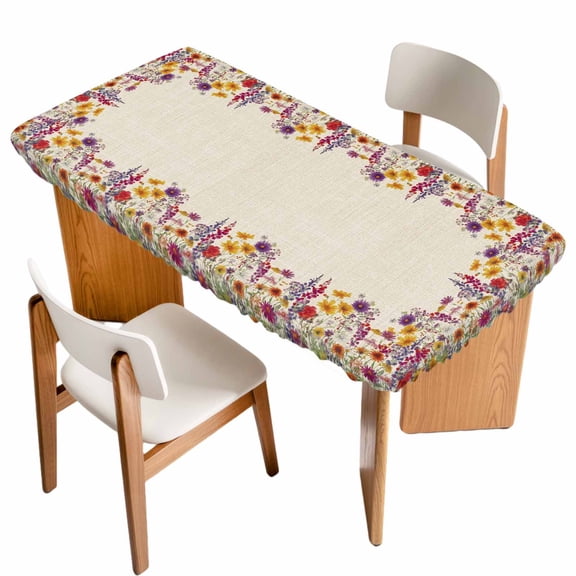 Spring Lavender Table Cloths for 4 Foot Rectangle Tables, Watercolor Floral Daisy Botanical Retro Beige Patio Waterproof Elastic Fitted Tablecloths, Washable Rectangular Table Cover for Camping