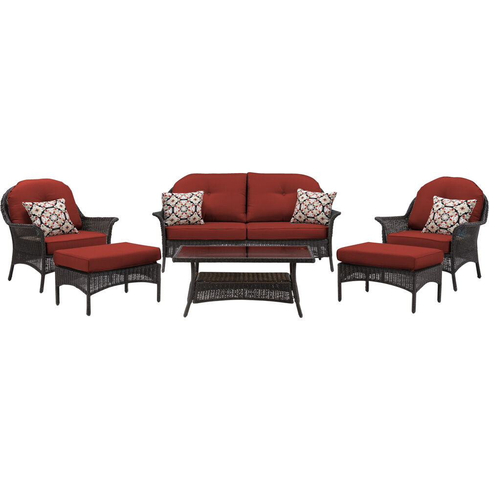 Hanover Sun Porch 6-Pc. Resin Lounge Set w/ Handwoven Loveseat, 2 Armchairs, 2 Ottomans, Coffee Table and Plush Crimson Red Cushions - image 1 of 12