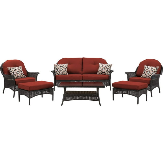 Hanover Sun Porch 6-Pc. Resin Lounge Set w/ Handwoven Loveseat, 2 Armchairs, 2 Ottomans, Coffee Table and Plush Crimson Red Cushions