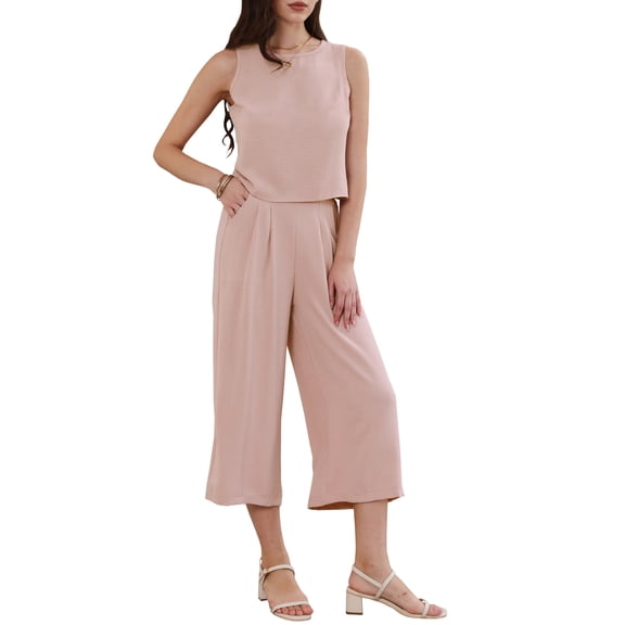 INSPIRE CHIC Pants Suits for Women Summer 2 Piece Outfits Sleeveless Crop Top Elastic Waist Wide Leg Pants Casual Sets XS Pink