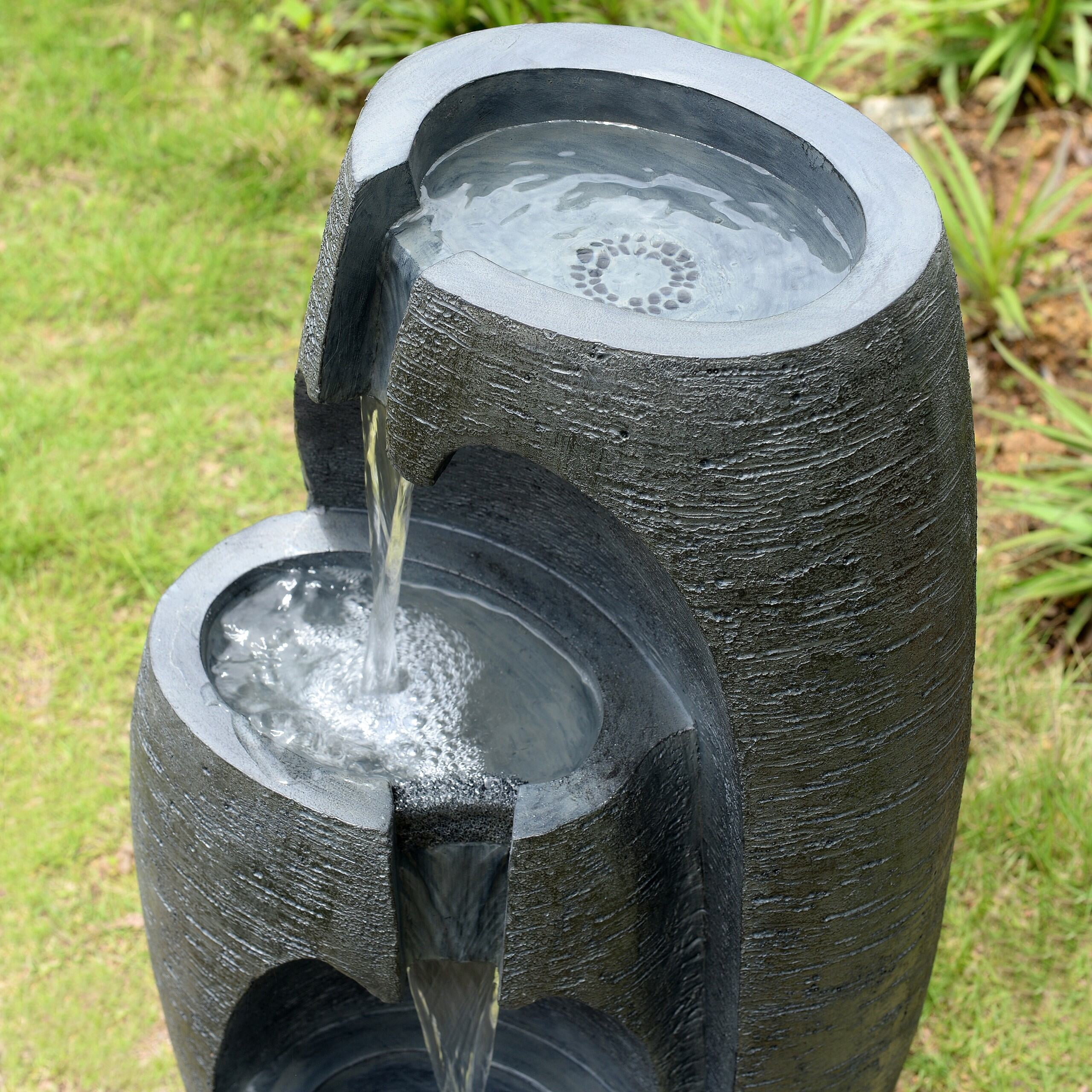 Teamson Home 3-Tier Cascading Urn Outdoor Water Fountain, Cool Glow Lighting with Adjustable Flow & Electric Pump, Black