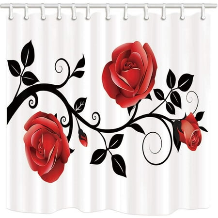 Branch Shower Curtain Fabric ARTJIA Flower Concise Style Red Rose Black Branch White Background Polyester Fabric Bathroom Shower Curtain 66x72 inches ()
