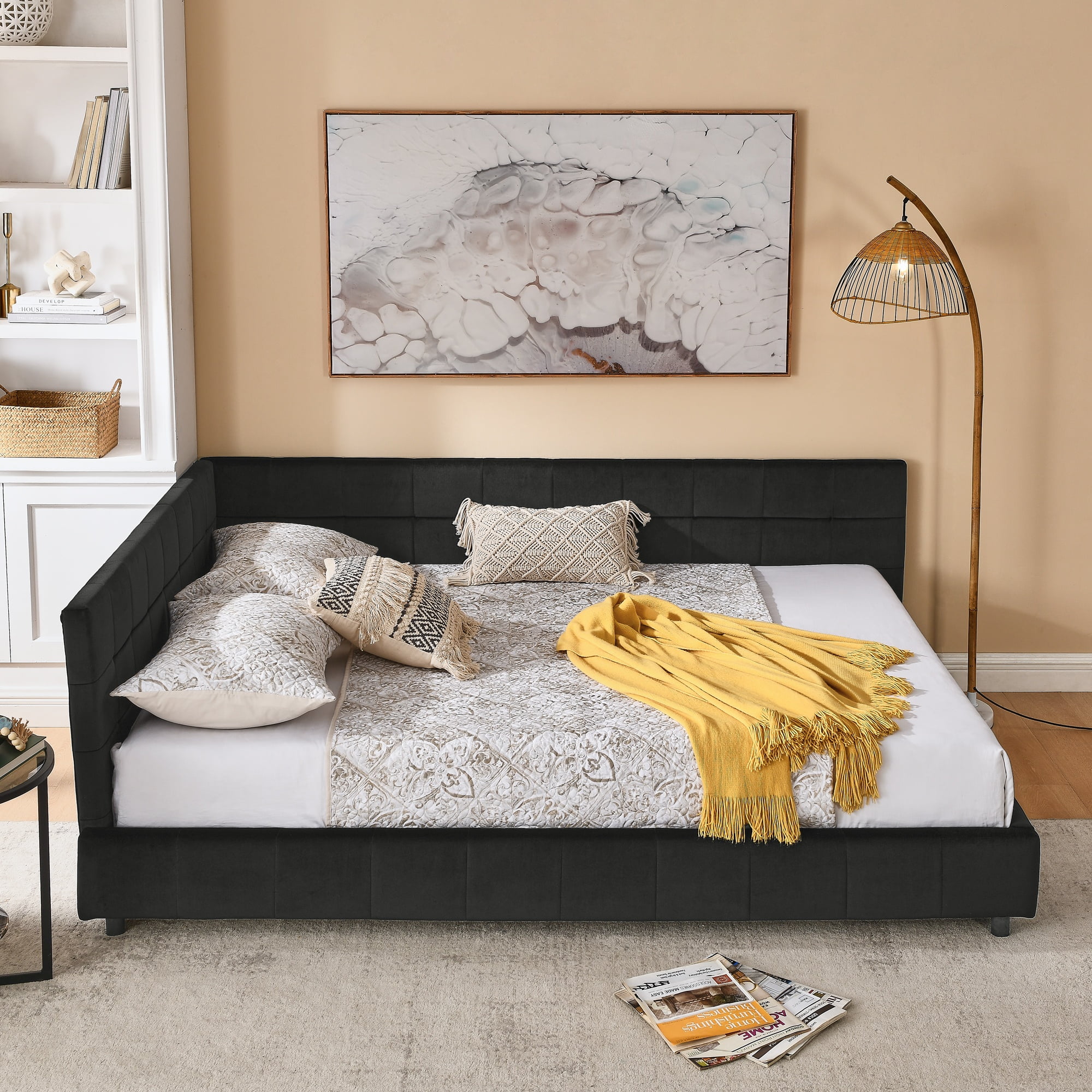 [Luckynote]Queen Size Upholstered Tufted Bed Frame, Sofa Bed Frame with Comfortable Backrest and Armrests, Queen Size Bed for Bedroom, Living Room,Velvet, BLACK