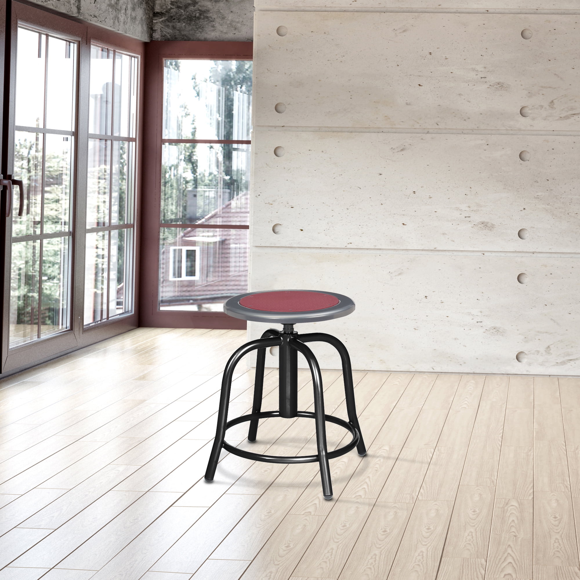Vince Swivel Stool with Steel Seat, Black Frame, Grey Seat with Burgundy Center