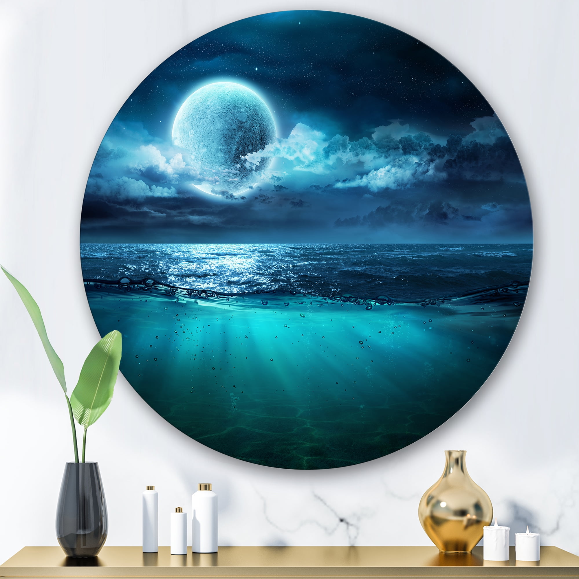 Designart 'Romantic Moon and Clouds Over Deep Blue Sea II' Nautical & Coastal Circle Metal Wall Art 29x29 - Disc of 29