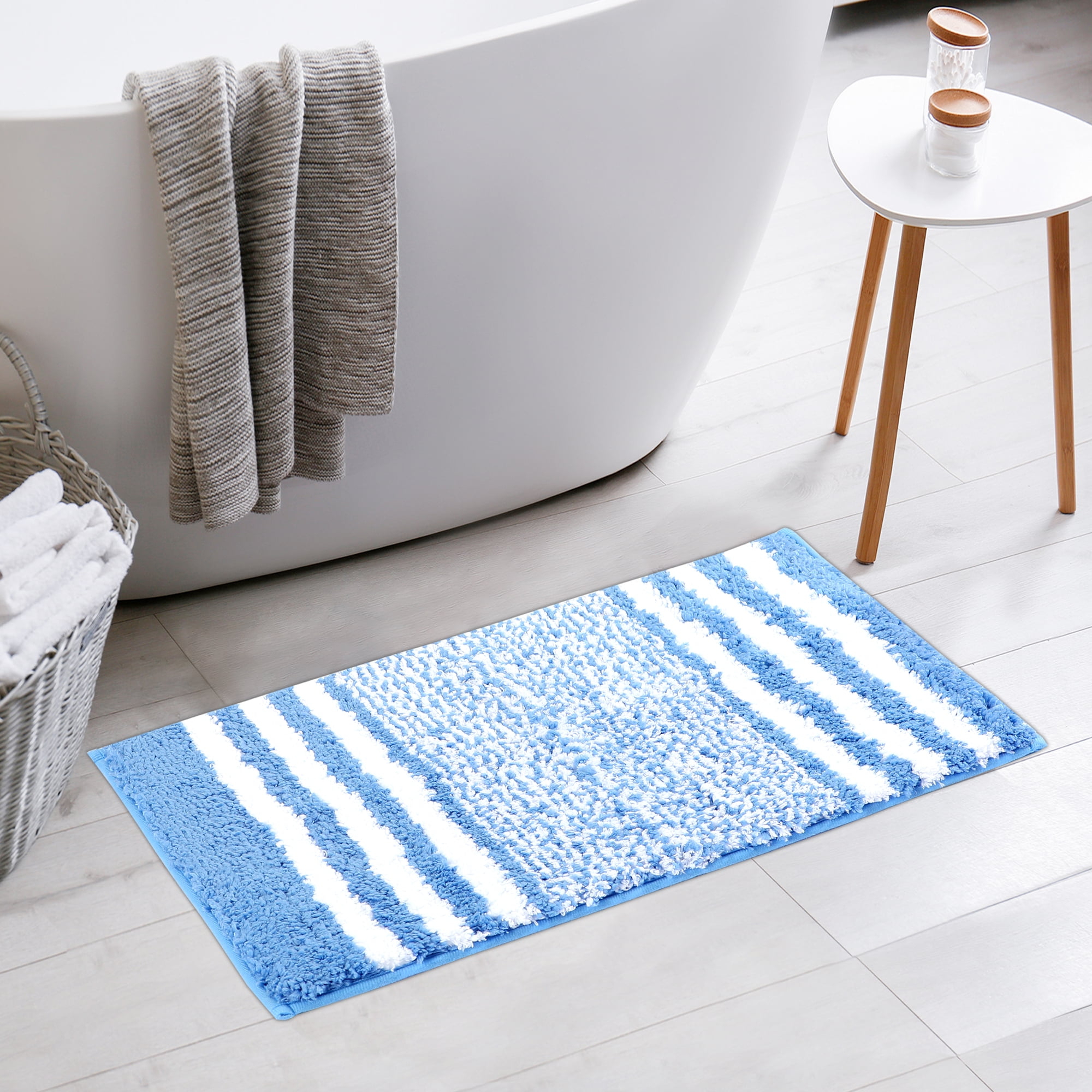 Unique Bargains 2 Pcs Microfiber Fluffy Striped Bath Rugs Non-Slip Absorbent Floor Mat Blue 20" x 32"