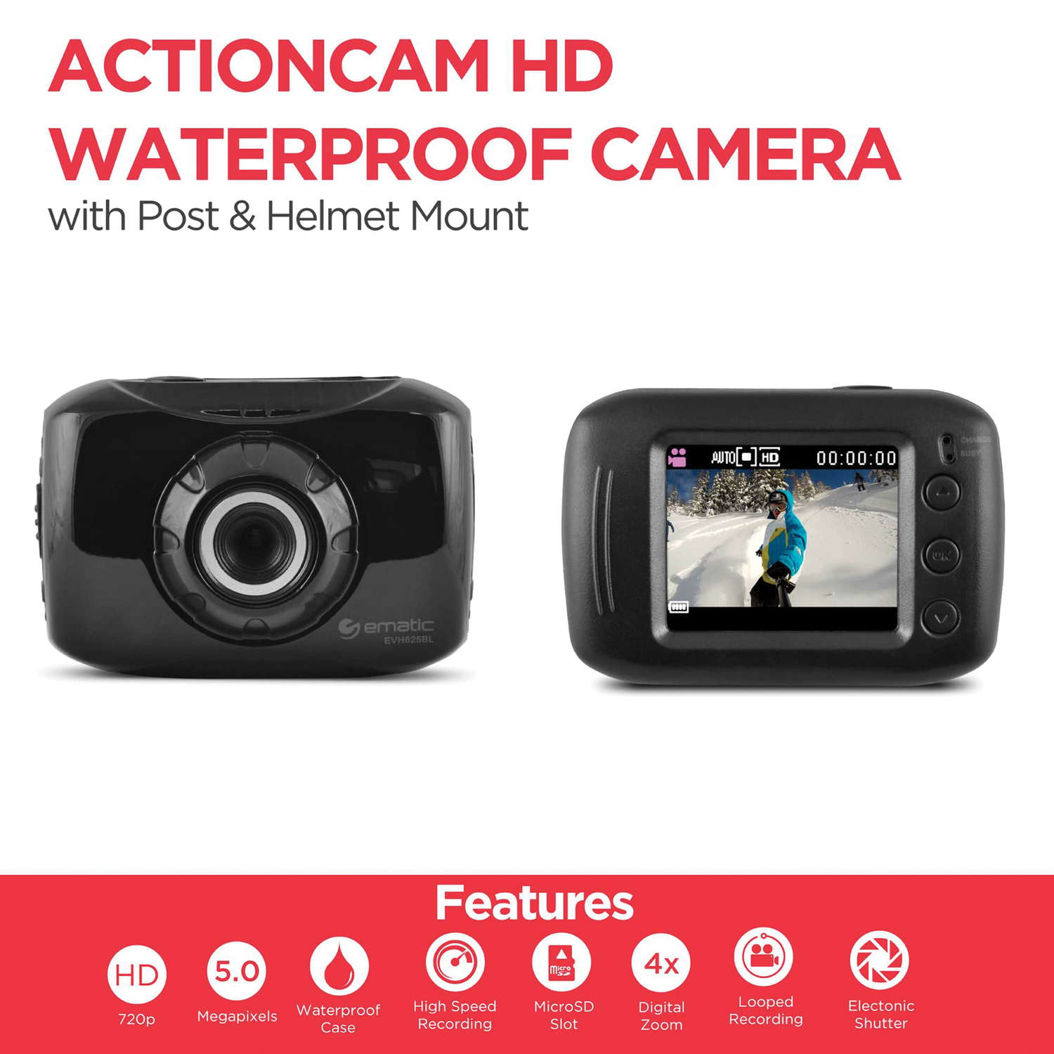 Ematic EVH625BL ActionCam 5.0-Megapixel 720p HD Video Waterproof Digital Camera with Post and Helmet Mounts