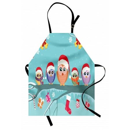 

Christmas Apron Cute Owl Family Sitting on Tree Branch Like Little Elves of Noel Animal Design Unisex Kitchen Bib Apron with Adjustable Neck for Cooking Baking Gardening Multicolor by Ambesonne