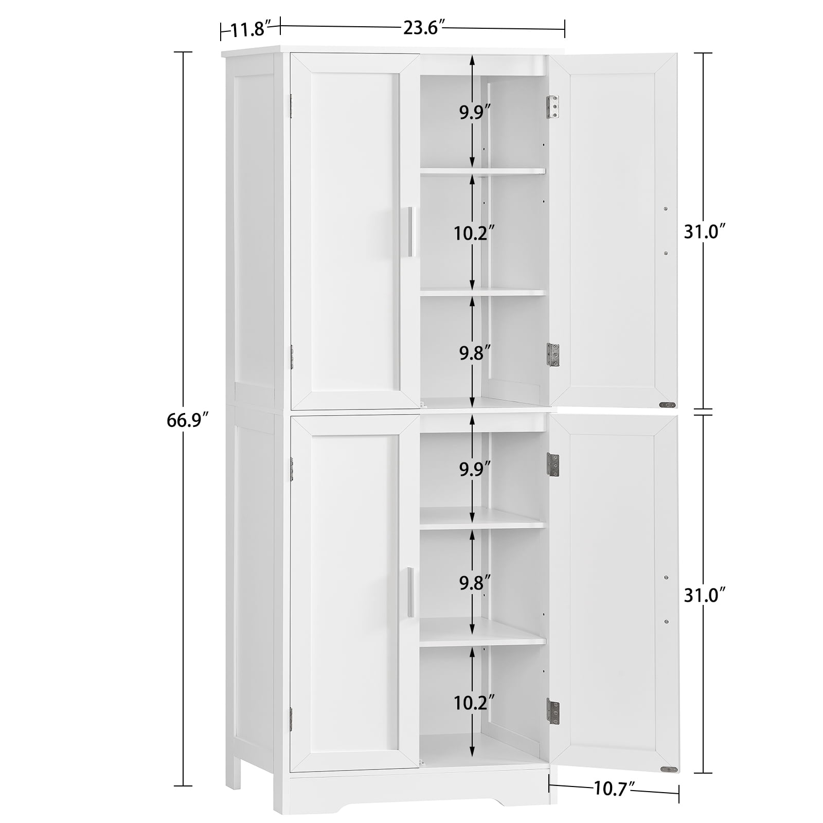 TEENFON 67” Storage Cabinet, Kitchen Pantry Cabinet with 4 Doors and Adjustable Shelves, Cupboard, Tall Bathroom Cabinets for Dinning Room, Living Room, White