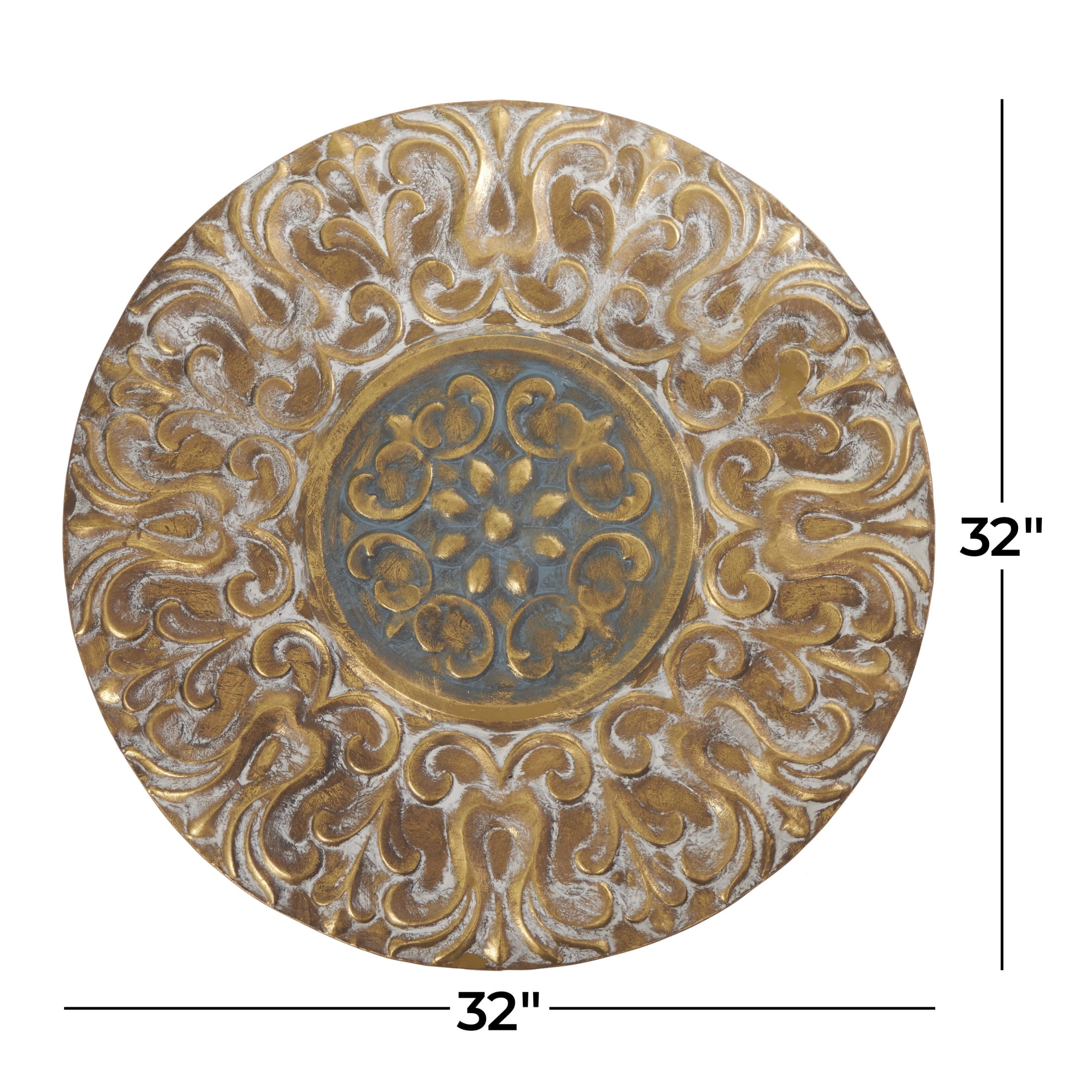 DecMode Gold Metal Embossed Scrolled Plate Wall Decor with Teal Accent