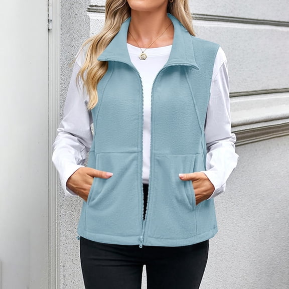 BLTIBY Women's Fleece Vest Fuzzy Lightweight Sleeveless Zip Up Lapel Jacket Open Front Cardigan Outwear with Pockets Blue L