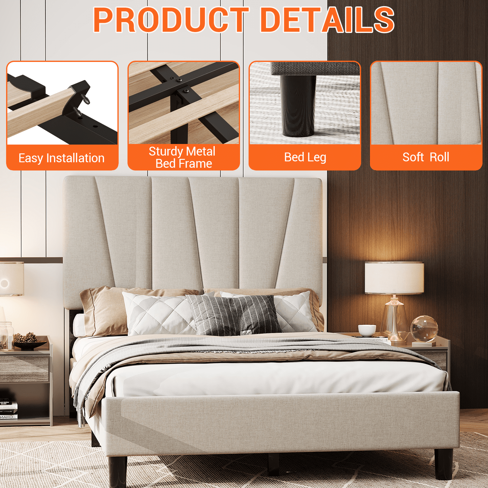 Shininglove Twin Size Platform Bed Frame, Linen Upholstered Bed Frame with Headboard, Modern Mattress Foundation with Wooden Slats Supports for Twin Bed, No Box Spring Needed, Beige