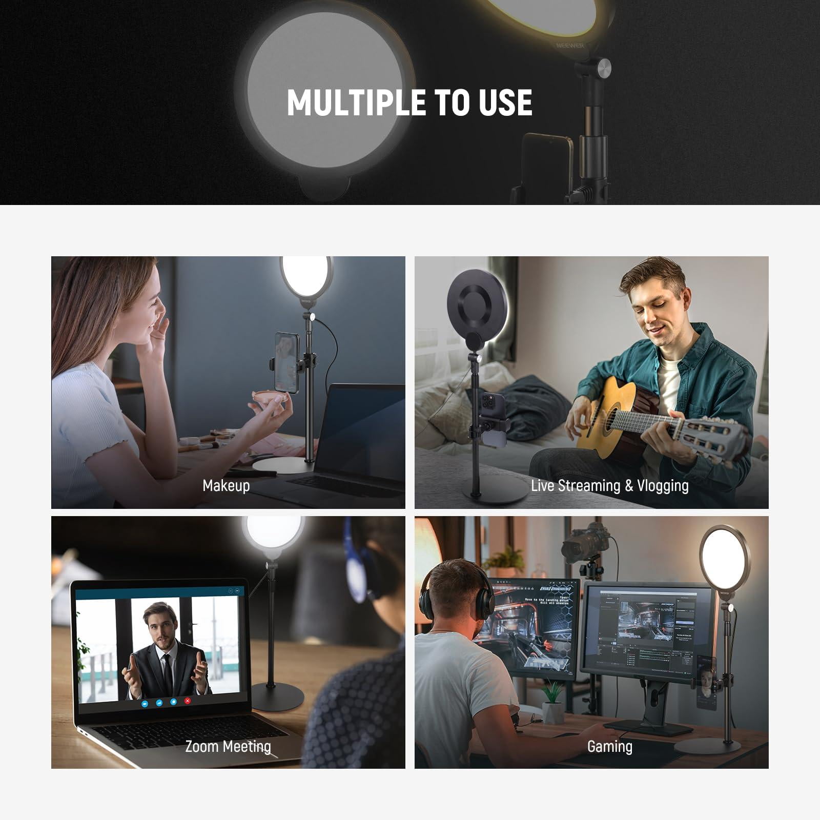 Basics 7" Desk Ring Light For Video Recording  10w Dimmable Full Screen Key Lighting With Stand&phone Holder Computer Laptop Vlog Live Streaming Conference R06