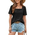 thumbnail image 3 of SHIBEVER Women Summer Tops Trendy Square Neck Casual Short Sleeve Blouse Loose Solid Color Tee Eyelet Ladies Blouses Black Tshirt Size L, 3 of 5
