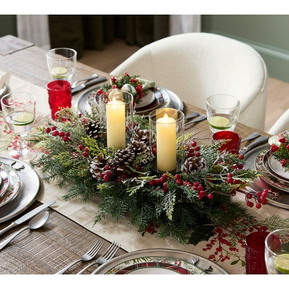 Frosted Pine Christmas Centerpiece - 18" Artificial Winter Greenery with Berries & Pinecones | Holiday Table Decor