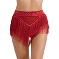 thumbnail image 5 of Doomiva Women 2Pcs Latin Dance Outfit Figure Skating Dress One Shoulder Crop Top + Tassel Shorts Burgundy S, 5 of 7