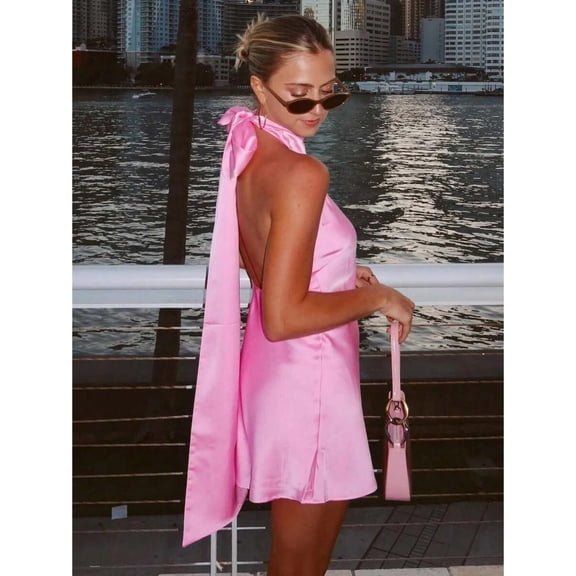 Pink Halter Neck Satin Mini Dress Sleeveless Backless Ruched Slim Solid Color Bodycon Evening Party Dress