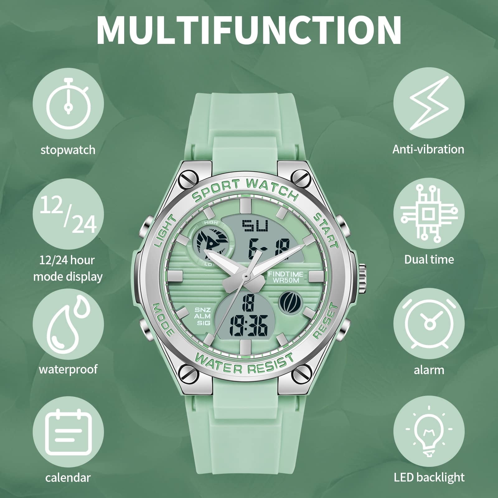 Findtime Ladies Sport Digital Watches Wrist Watch for Women with Waterproof Dual Time Date Luminous Back Light Week Alarm Stopwatch Count Down White Black Blue Green