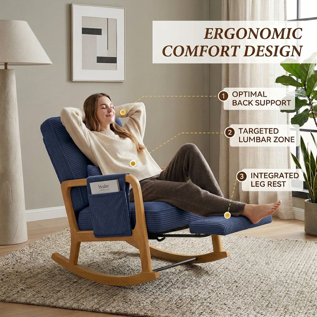 MOONMISS Rocking Chair with Footrest,Rocker Nursery Chair with Side Pocket,Glider Rocker,Accent Reading Chair for Living Room,Navy Blue