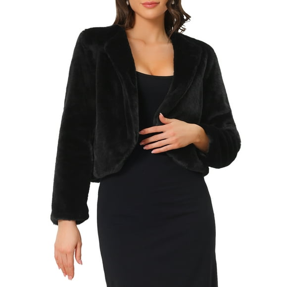 INSPIRE CHIC Winter Bolero for Women's Open Front Faux Fur Bolero Shrug S Black