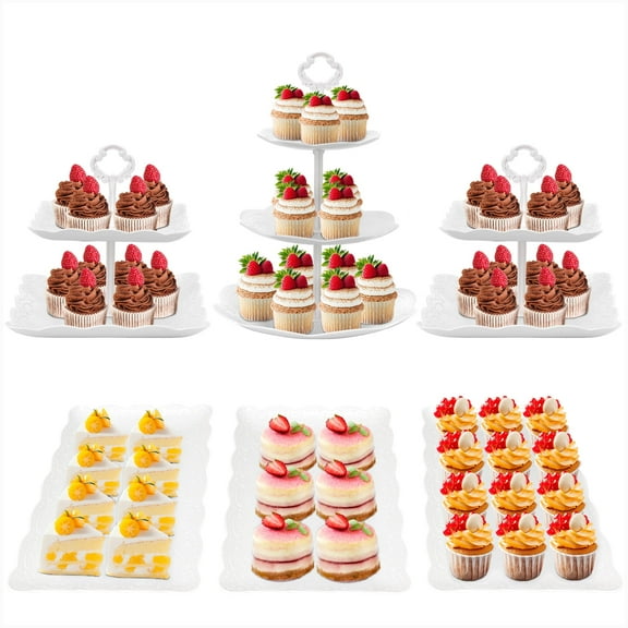 6Pcs Cupcake Stand White Plastic Cake Stand Dessert Table Stands Set 3Tier 2Tiered Cupcake Tower Stand Treat Display Holder Cookie Candy Serving Tray Dessert Trays for Wedding Baby Shower Tea Party