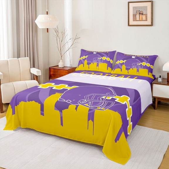 Homewish Cartoon Sport Helmet Twin Sheet Sets for Teen, Modern Football Soccer Lover Twin Fitted Sheet, Purple Gold Flat Sheet, Super Cozy Room Decor, 3-Piece