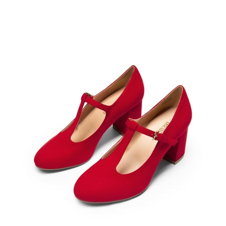 BURUDANI Women s T-strap Mary Jane Pumps Low Chunky Heels Wedding Dress Shoes RED Size 9