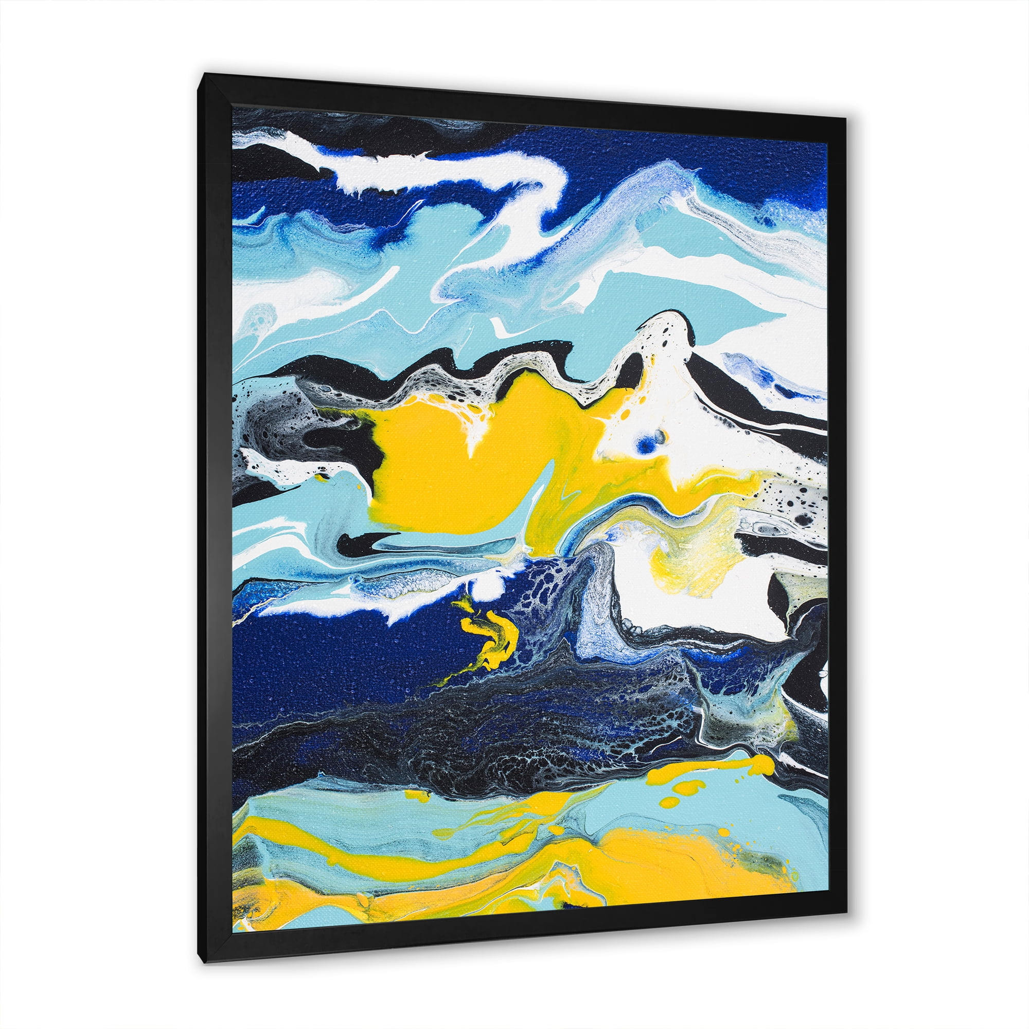 Designart 'Abstract Marble Composition In Blue and Yellow II' Modern Framed Art Print