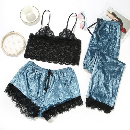 GZWYHT Silk Pajamas Clearance Womens Pajama Sets Women s Sexy Pajamas Lace Velvet Solid Color Lace Three-Piece Pajamas Nightdress Underwear Sleepwear Loungewear Sets Sexy Pajama Set  Blue XXL