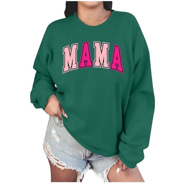 Sudadera Penkiiy Mama Mujer Oversize Glitter Patch Mama Crewneck Sudaderas Mama Print Manga Larga Moda Suelta Suéter M Verde