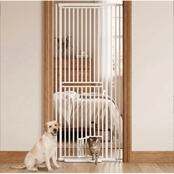 Mashelly 78 inch Extra Tall Dog Gate, Pet Gate with Cat Door, 27.5''-37.4''Wide Gate Pressure Mounted Full Door Pet Gate for Doorway Stairs,White
