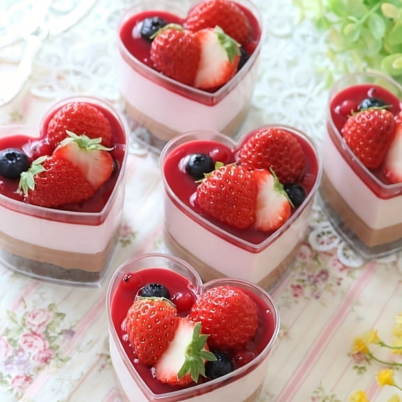Multi-pack of reusable heart-shaped plastic dessert cups with lids – clear snack containers perfect for parties, Valentine's Day, ice cream, and fruit