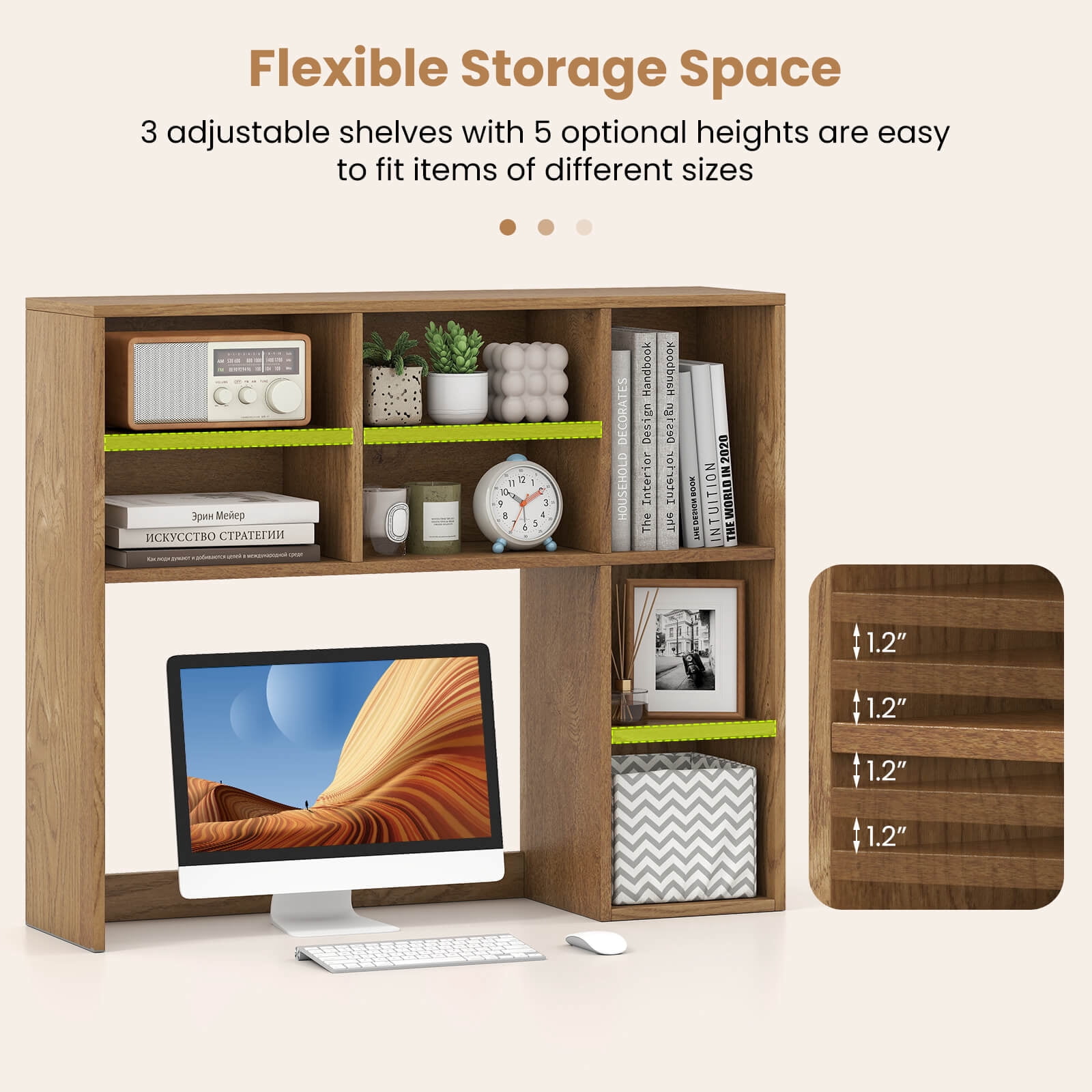 Costway Desktop Bookshelf Desk Storage Hutch with 7 Open Cubbies & 3 Adjustable Shelves Natural