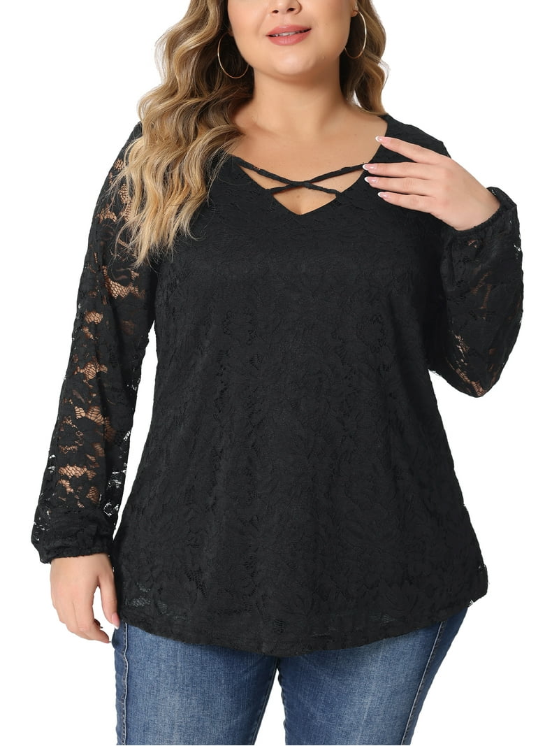 Unique Bargains Women's Plus Size Lace Blouse Sheer Elastic